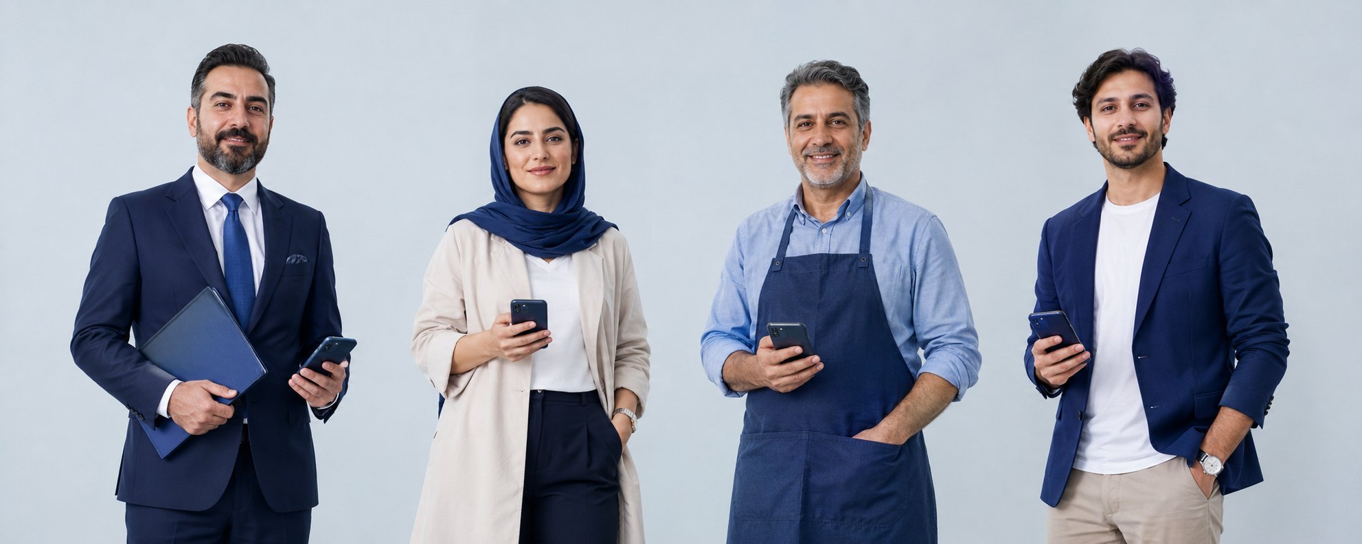 چند حرفه‌ای مختلف با گوشی در دست